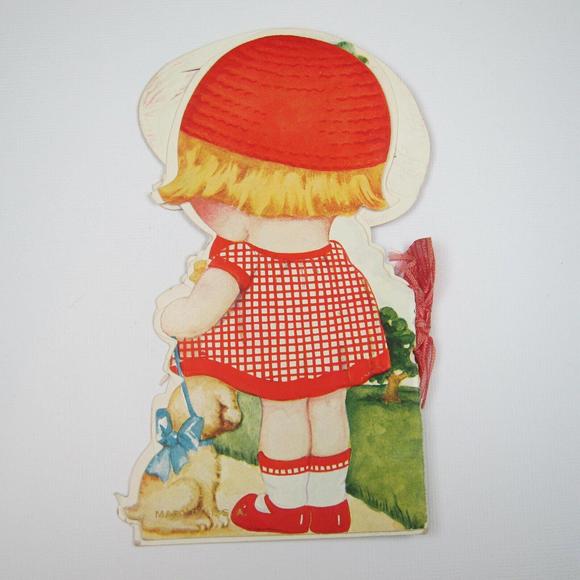 Vintage Valentine Mechanical Red Hat Blonde Girl Puppy Dog LARGE Story Book RARE - Picture 8 of 12